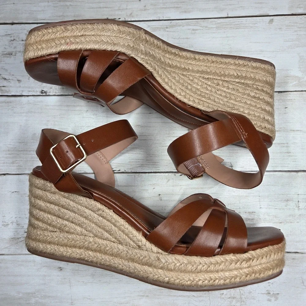 Time and Tru Espadrille Platform Wedge Sandals Women 8 Brown Knotted Ankle Strap